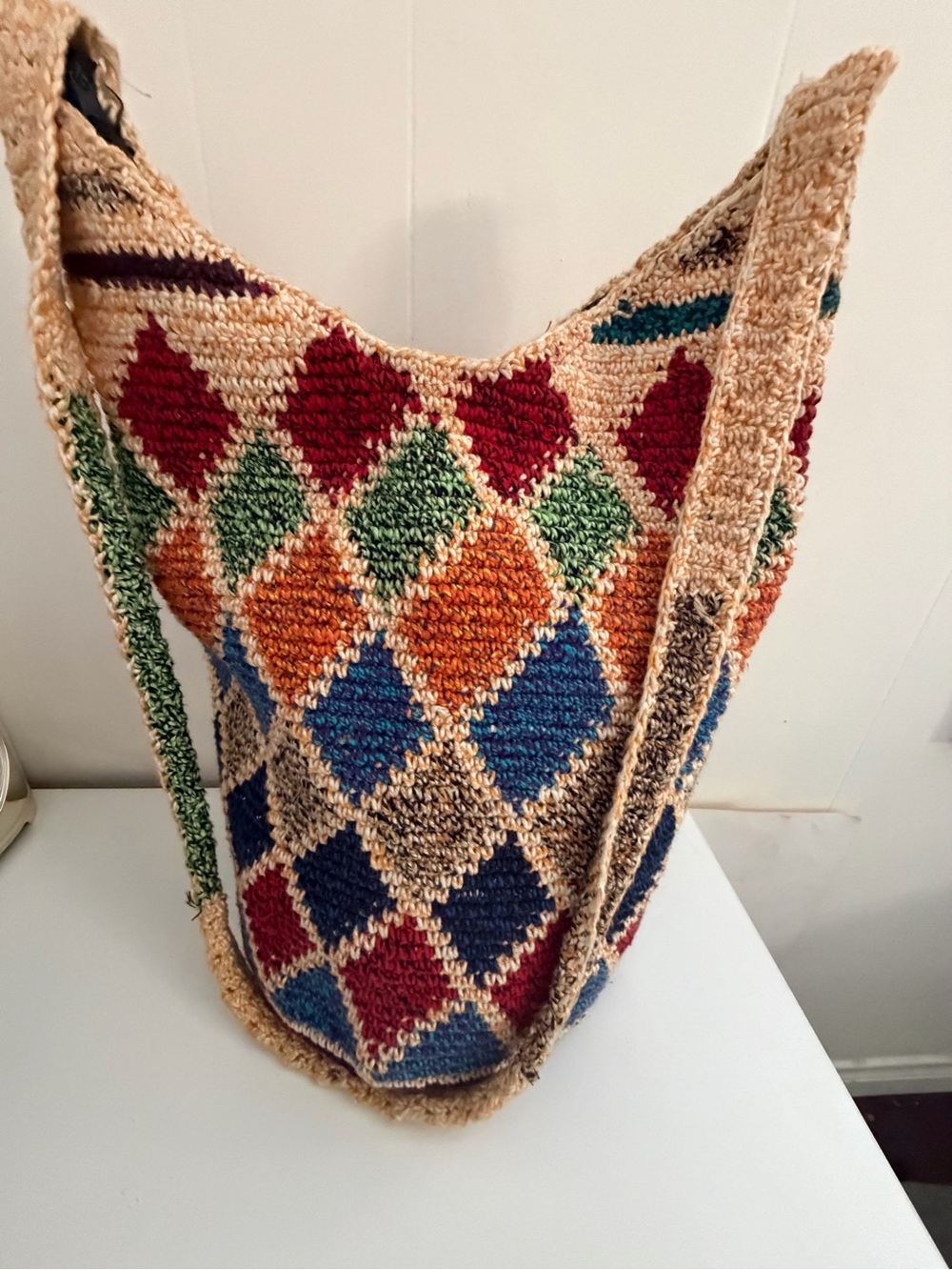 CROCHET SHOULDER BAG SLOUCHY Handwoven Multicolor Diamond Pattern Hobo